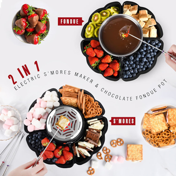 \"2-i-1 Elektrisk S'mores-maskin og Fonduegryte, Bordplate Innendørs Smores-sett med 4 Grillgafler, 4 Avtakbare Brett og 1 Temperaturstyrt Varmeovn\"