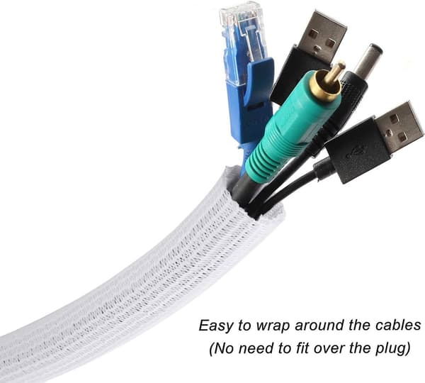 Braided Cable Sleeve - 2 m x 19 mm - Expandable & Cuttable - PET - White - Cable Protection for TV, Computer, Home Theater