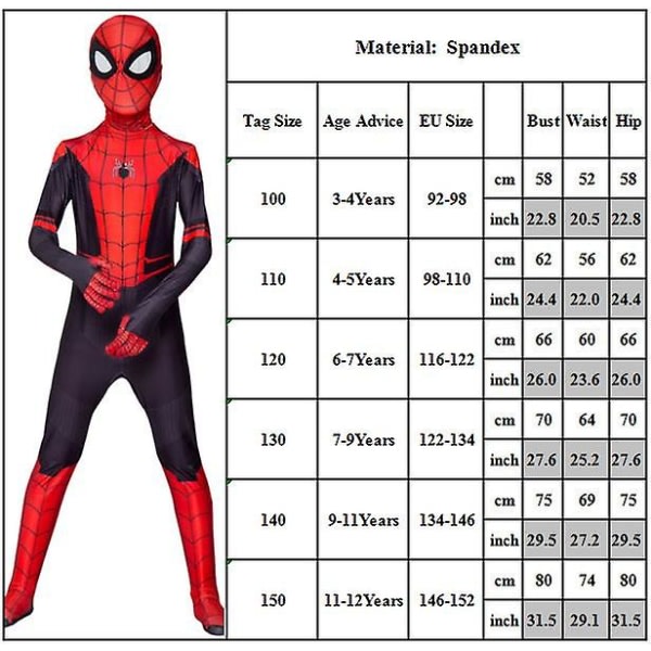 Spider-man-kostym för vuxna barn, Marvel Superhero Cosplay Jumpsuit, Halloween Julfest Fancy Dress Up, Present för män pojkar 7-9 Years