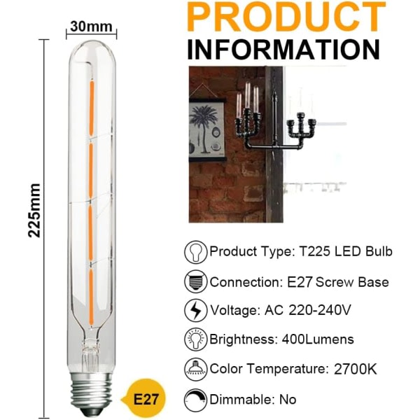 CDQ Paket med 5 lange rørlamper, Edison LED-tråd, 6W varmvit