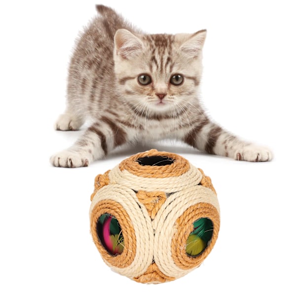 Sisal Katt Repboll Ljusa Färger Interaktiv Vässning Klo Reptålig Kattleksak Boll med Färgade Fjädrar