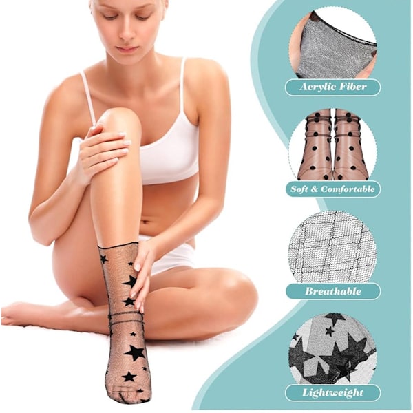 4 par ankelstrømper til kvinder, tynde slouchy strømper, transparente blondestrømper, sorte, transparente strømper medium til kvinder og pigerk®