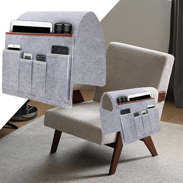 Sofaarmlene-organisator, filtsofa-caddy med 5 rom for fjernkontroll, bøker og telefon, grå, for sofa, hvilestol og seng