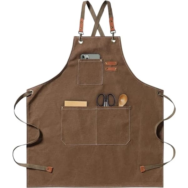 Grillforkle med justerbar kryssryggstropp og 3 lommer for menn og kvinner Matlaging Baking Restaurant Hagearbeid Brun