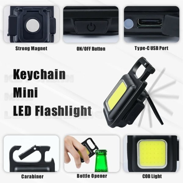 2 stk. Nøgleringslommelygte Mini LED Lommelygte Lille USB Genopladelig Bærbar Arbejdslampe 4 Lystilstande, Sammenklappeligt Stativ Camping Flaskeåbner-HARRY