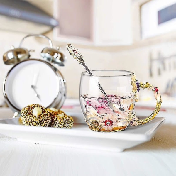 Emalj Fjärilsblomma Klart blyfritt glas kaffemuggar Tekopp med set i stål, personliga presenter till kvinnor fru mamma flicka lärare vänner Bi zdq