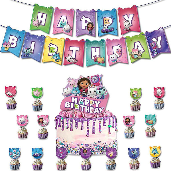 Gabby's Dollhouse-tema Barn Flickor Födelsedagsfest Tillbehör Kit Banner Ballonger Tårt Toppers Dekor Set(gratis frakt)