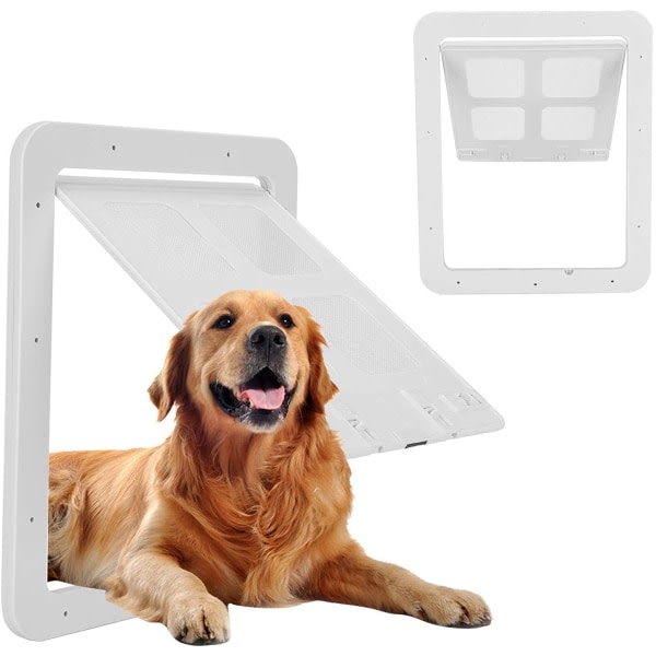 Vit skærmdør til hunde (ytterstørrelse 29 cm x 24 cm), skærmdør til husdyr med lås til hunde og valpar, hunddør til skærmdør CDQ