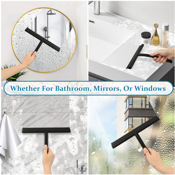 Duschskrapa, gummiskrapa med silikonhållare Duschskrapa med kärna i rostfritt stål för badrum, glas - svart