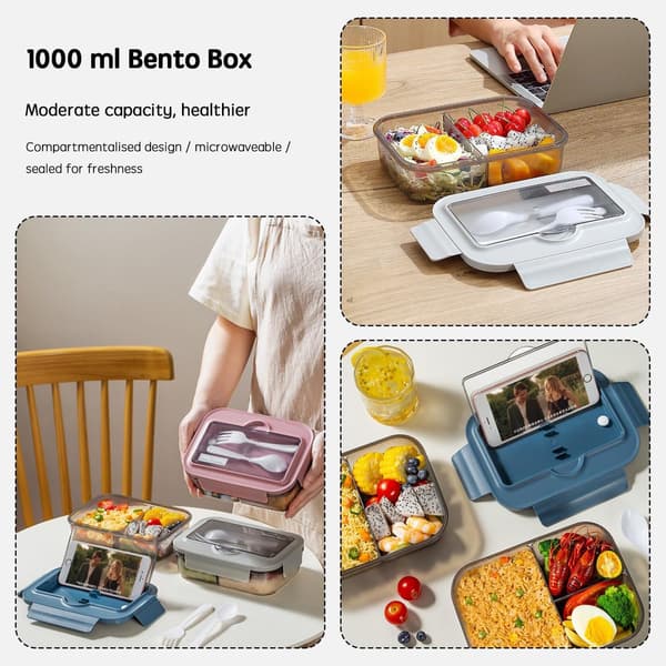 2-pack Bento Lunchlåda, 2 och 3 fack, läckagesäker plast med bestick, mikrovågssäker, för barn och vuxna, blå
