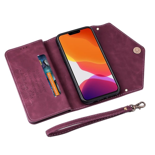 Etui til Iphone 12 Avtagbart Crossbody Dragkedja Plånbok Handväska etui med 6 kortholdere, premium Pu-læder beskyttelsesfolie F null ingen