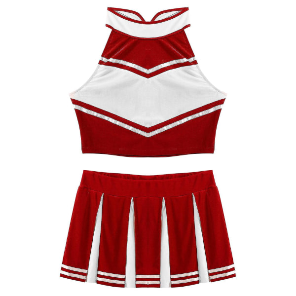 Kvinnor Vuxna Cheerleader Uniform Performance Outfit Japansk Skolflicka Cosplay Kostym Ärmlös Crop Top Mini plisserad kjol Röd A L