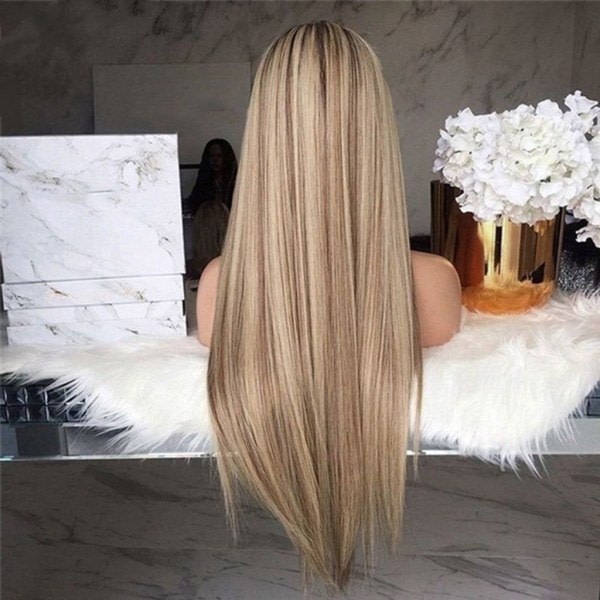 Värmebeständig blond peruk for kvinnor Syntetiskt hår Långt rakt festfrisyr
