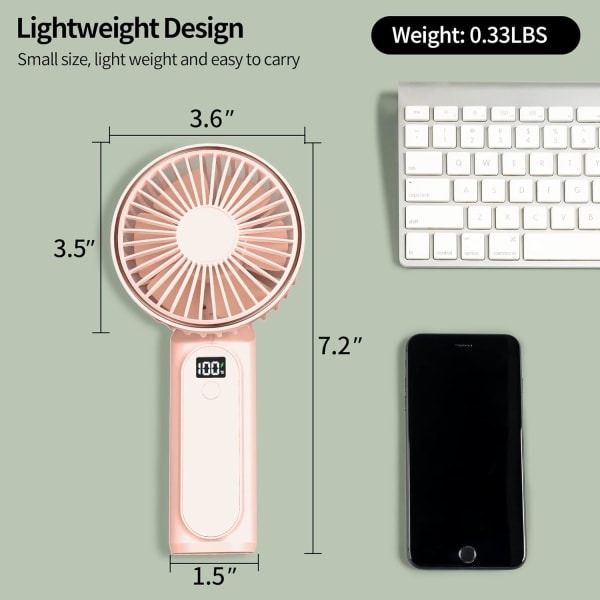 Bärbar handhållen fläkt, nackfläkt, 4000mAh skrivbordsfläkt, 180° justerbar, 6 hastigheter vind, display elektricitet, hopfällbar fläktbank rosa