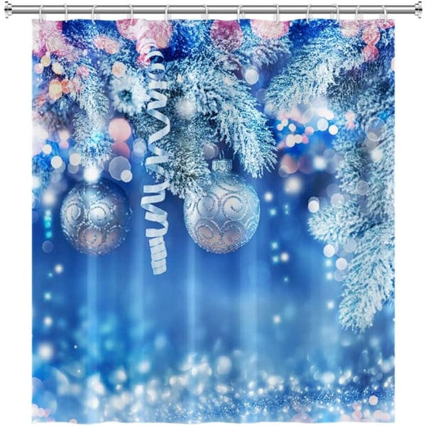 Vinter jul duschdraperi, Blå Bokeh Snowflake Glitter Julkulor Blad Baddraperier med krokar för barnfamiljen 71\" x 71\"