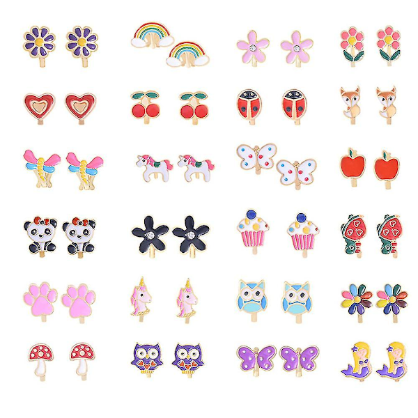 24 par clip-on øreringe til piger, børnevenlige søde blomster metal øreringe prinsesse dress up