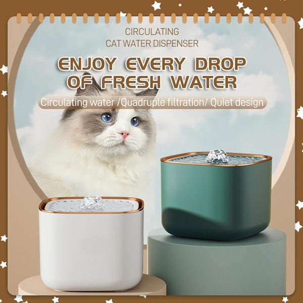 Kattevandfontæne, kæledyrsfontæne, smart vanddispenser, automatisk drikkefontæne til kæledyr med smart pumpe til katte, hunde, flere kæledyr