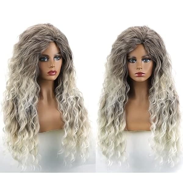 QD-Lång lockig vågig peruk grå blond kvinna blandad blond lockig peruk