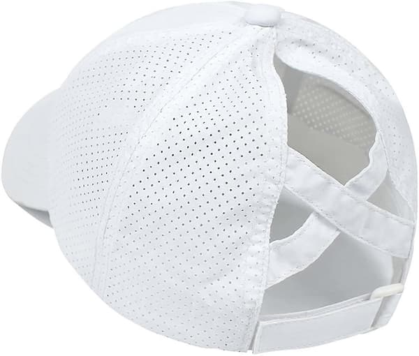Baseballkasket til damer med krydset hestehale, justerbar høj rem, ventilerende mesh white