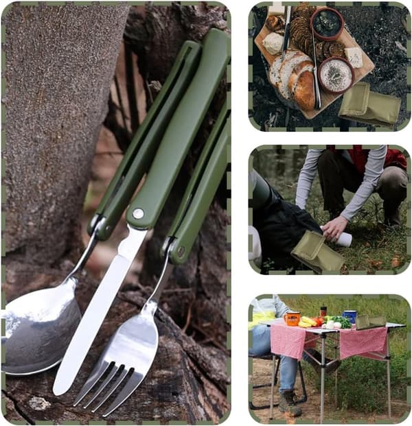 Sammenfoldeligt campingbestiksæt, 304 rustfrit stål gaffel kniv ske med opbevaringspose, til rejser, picnics, vandreture, militærgrøn