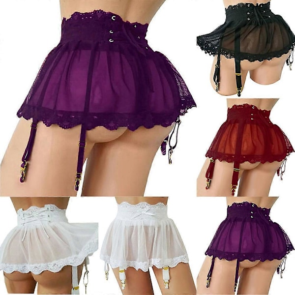 Sexig genomskinlig minikjol för kvinnor, justerbara remmar, snörning, underkläder, lila Purple S
