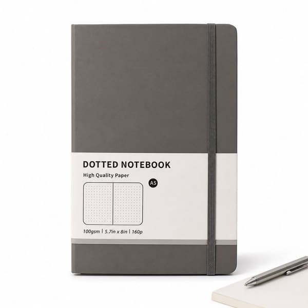 A5 prikket notesbog, indbundet journal med 100 gsm papir og elastiklukning til arbejde, skole og bullet journaling, skumringsgrå