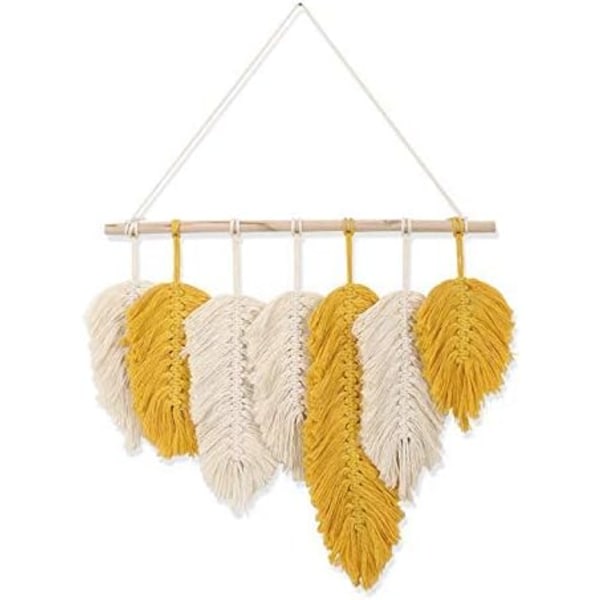 Handgjord Makramé Väggdekoration Fjäder Boho Väggdekor Gul Chic Vävd Löv Tofsar Dekoration Bomull Ornament Gobeläng