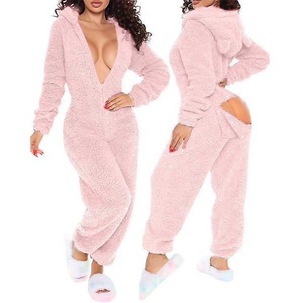 Kvinners Sexy Dyp V-Hals Bodycon Jumpsuit Pyjamas Langærmet Romper Nattøy Rosa Pink S