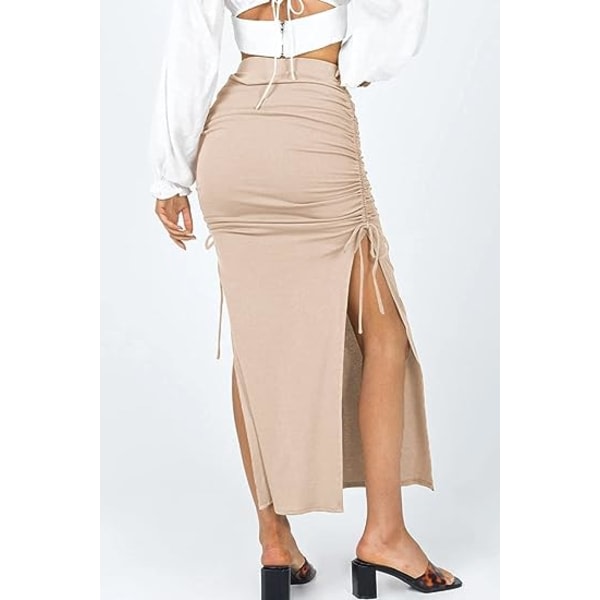 Sexig midi-kjol med hög midja med dragsko för kvinnor (beige, L) CDQ