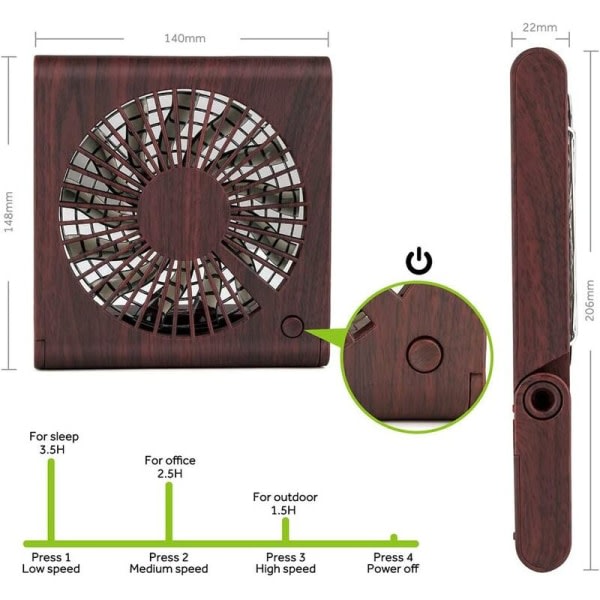 CDQ Skrivebordsvifte, kraftig stille turbofifte for reiseskrivebord, 3 hastigheter mørkebrun