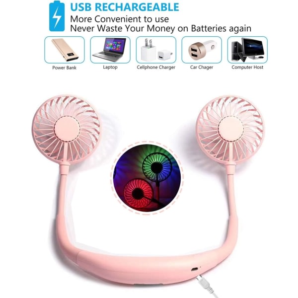 Opgraderet version bærbar halsventilator, farveskiftende LED, med aromaterapi, 360° fri rotation og lavere støj, stærk luftstrøm Høretelefoner design (rosa)