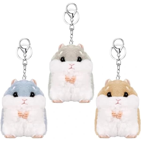 3 Cute Hamster Keychains Blue Brown Gray, Soft Plush Keychain, Hamster Pendant Keychain, Fluffy Keychain, Decorative Animal Keychain