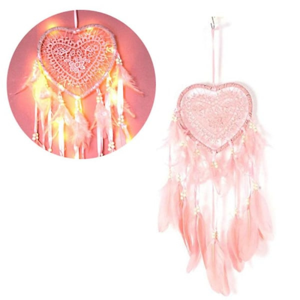 Hjerte Drømmefanger Boho Stil Håndlavet LED Lys Vægophæng Romantisk Dekoration (Jomfru Rosa) CDQ