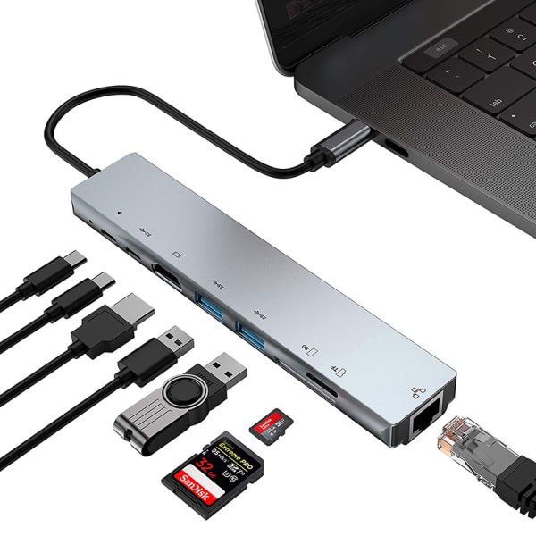 H?jkvalitets 8-i-1 Type-C-expansionsdocka USB 3.0 PD Multifunct Grå A2