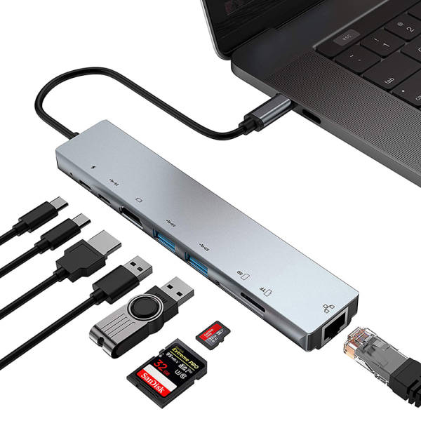 Högkvalitativ 8-i-1 Type-C expansionsdocka USB 3.0 PD Multifunct Grå A2