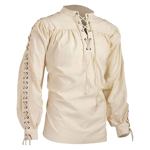 Middelalderlig skjorte til mænd Tunika Viking Pirat Kostume Gotisk Tøj Herre Vintage Skjorte Flæse Halsring Snøre Ridder Beige XL zdq