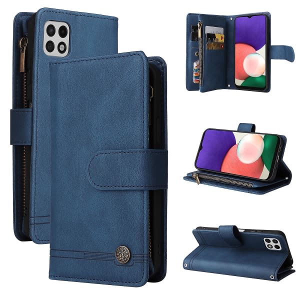 Case För Samsung Galaxy A22 5g Läder Flip Case Med Kreditkortshållare Pengarficka Magnetiska knappar Case Kickstand Shockproo Blue A