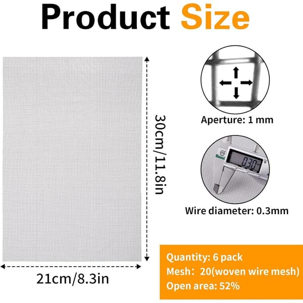 Metalnet 6-pak - 30x21 cm - 20 mesh finmasket - Rustfrit stål - Sølv - Til bure, ventilation, have, filter
