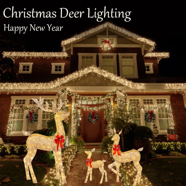 CDQ Utomhusfyr hjort familj set, juldekorationer, julbelysning, renar, juldekorationer, inomhus och utomhus dekorationer