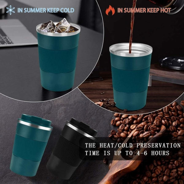 Kaffemugg 12oz - Isolerad kafferesemugg Spillsäker med läckagesäkert lock Vakuum termos kaffetumlare i rostfritt stål