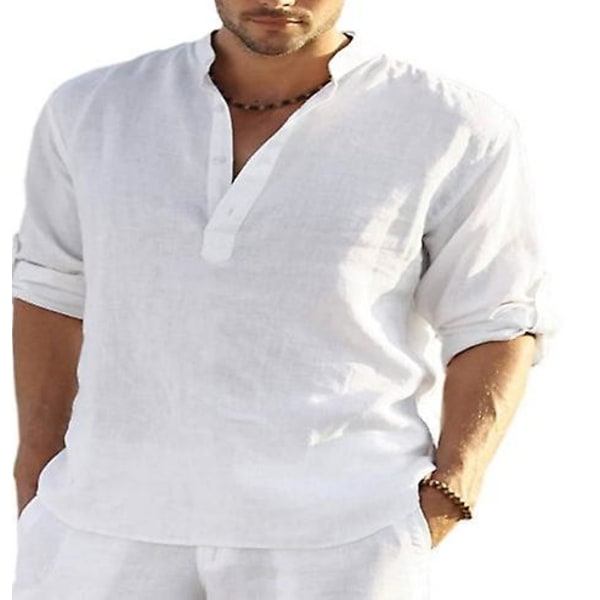 Långärmad linneskjorta herr, casual i bomull och linne, S-5xl topp, Ny design gratis frakt_p White M zdq