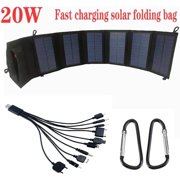 Bærbar solcelleoplader, 20W udgang, 5.2V 2A, 2 USB, foldbar, IP65, sort