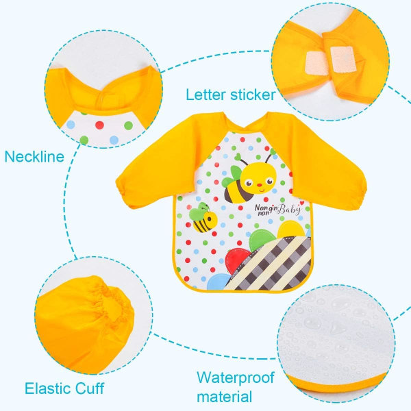 CDQ 4-pack långärmade haklappar matningsförkläde, vattentäta toddler för målning, lek och mat