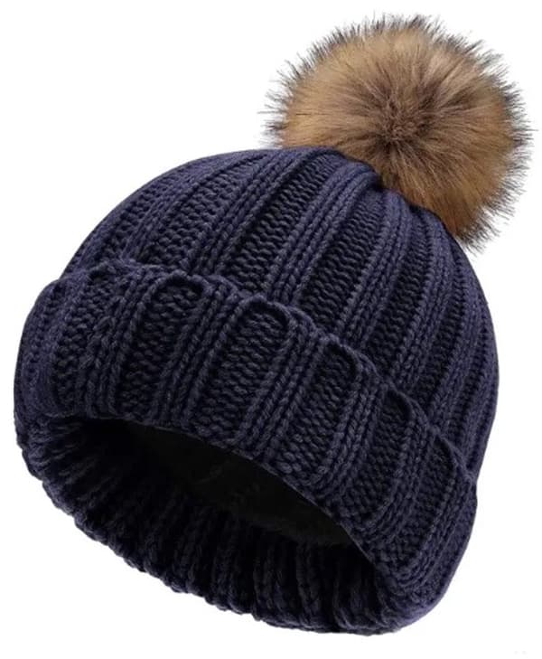 Beanie - Tykk strikk - Pompon - Vinterlue - Mørkeblå