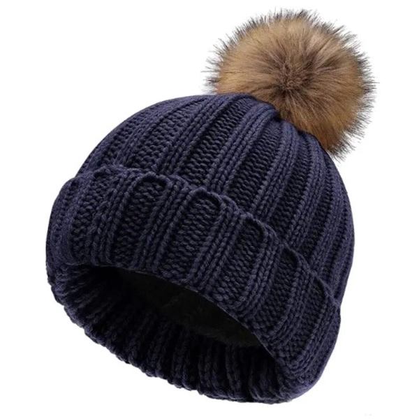Mössa - Grovstickad - Pompon - Vintermössa - Mörkblå