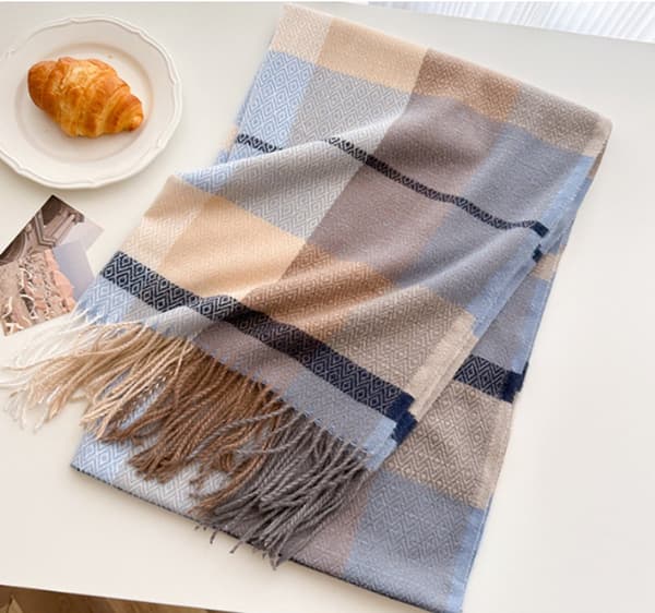Vintertørklæde til kvinder Blødt Oversized Plaid Kvast Sjal Wrap til afslappet eller formel brug Blå Brun 208 x 70 cm Style 4