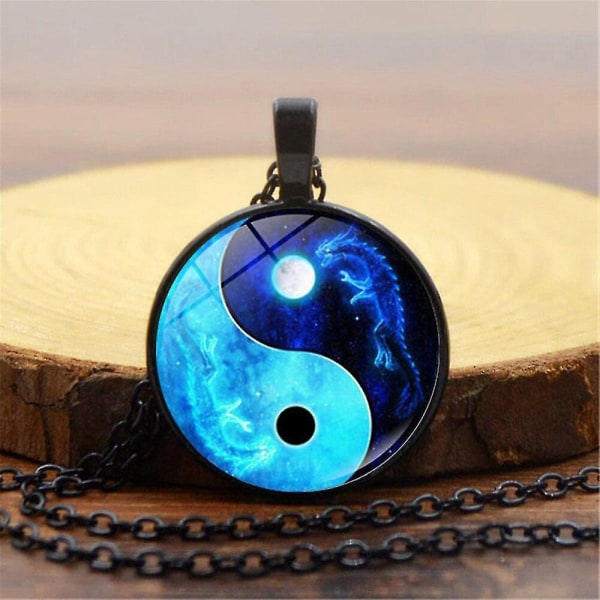 Yin Yang Tai Chi Halskæde til Kvinder Smykker Måne Drage Cabochon Glashæng Fashion Statement Krystal Halskæde Sølv-1