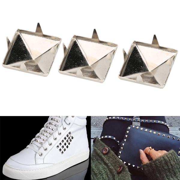 100 kpl Neliömäiset Pyramid Punk -niitit 4 Kynsi Metalli Nastat Rannekkeille Vaatteille Kengille Käsilaukulle Hopea 12mm 0.1