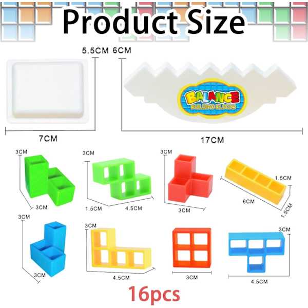 Balanceblok, russiske byggeklodser, dekompressionsbalancebyggeklodser, Tetris Tower Balance Building Toy, Balancerende stablinglegetøj 16 pieces