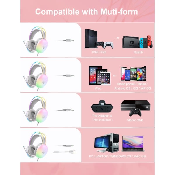 Spillheadset med mikrofon - Trådbundne RGB Rainbow Gaming-hodetelefoner for PS4/PS5/MAC/XBOX/laptop, lette over-ear-hodetelefoner